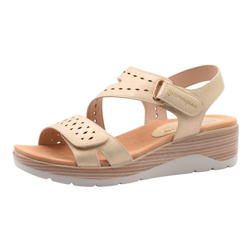 Sandalias Confort Amarpies con Tiras Troqueladas y Cierre de Velcro - Color Arena
