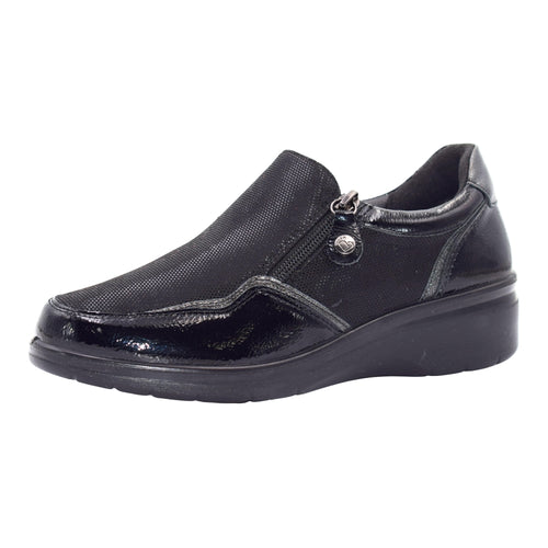 Zapato Confort de Mujer Amarpies AMD31033-PSL con Cremallera Lateral, Combinado en Charol, Grabado y Destellos Metalizados en Sintético de Origen Vegetal - Color Negro