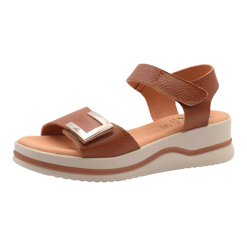 Sandalias de Mujer Zapatos Elche en Piel - Pala con Adorno Metalizado y Cierre de Velcro - Color Cuero - Fabricadas en España