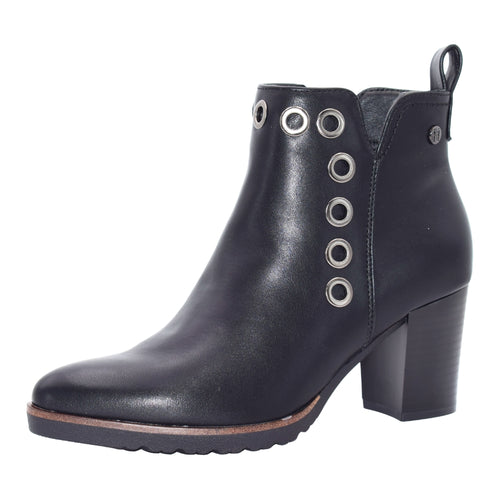 Botines de Mujer Hispaflex con Tacón Ancho, Detalle de Aros Metálicos, Cremallera Lateral y Tirador Trasero en Sintético de Origen Vegetal - Color Negro