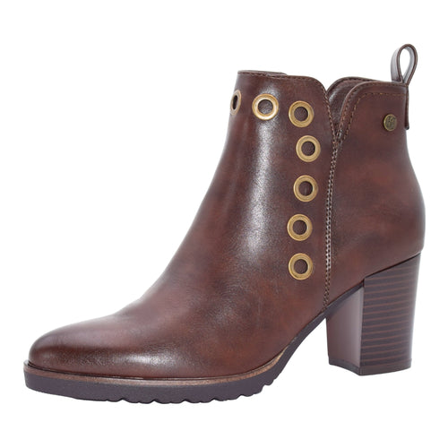 Botines de Mujer Hispaflex con Tacón Ancho, Detalle de Aros Metálicos, Cremallera Lateral y Tirador Trasero en Sintético de Origen Vegetal - Color Marrón Cuero